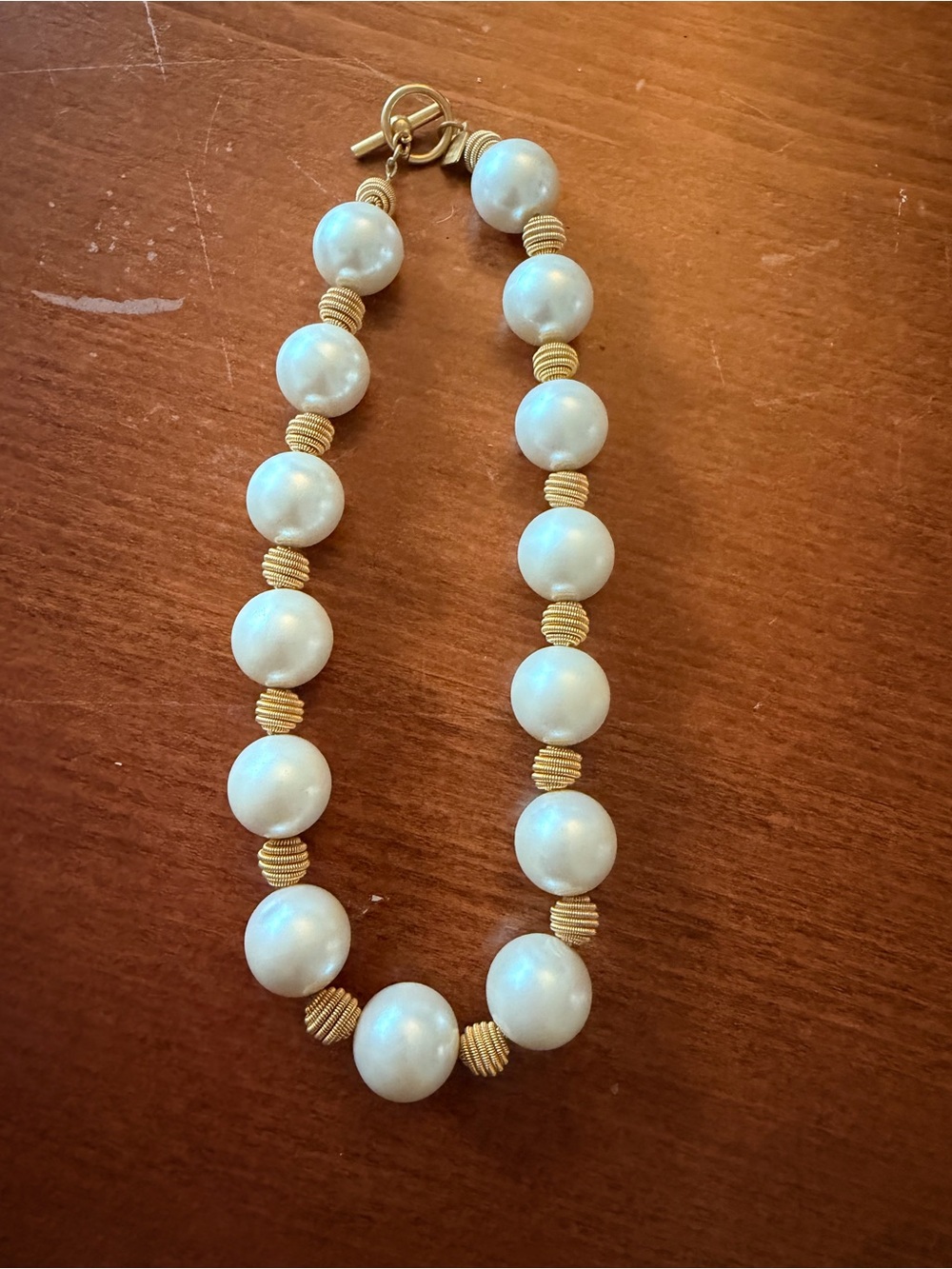 Vintage Anne Klein Large Faux Pearl Gold Knot Spacer Necklace 18” Toggle